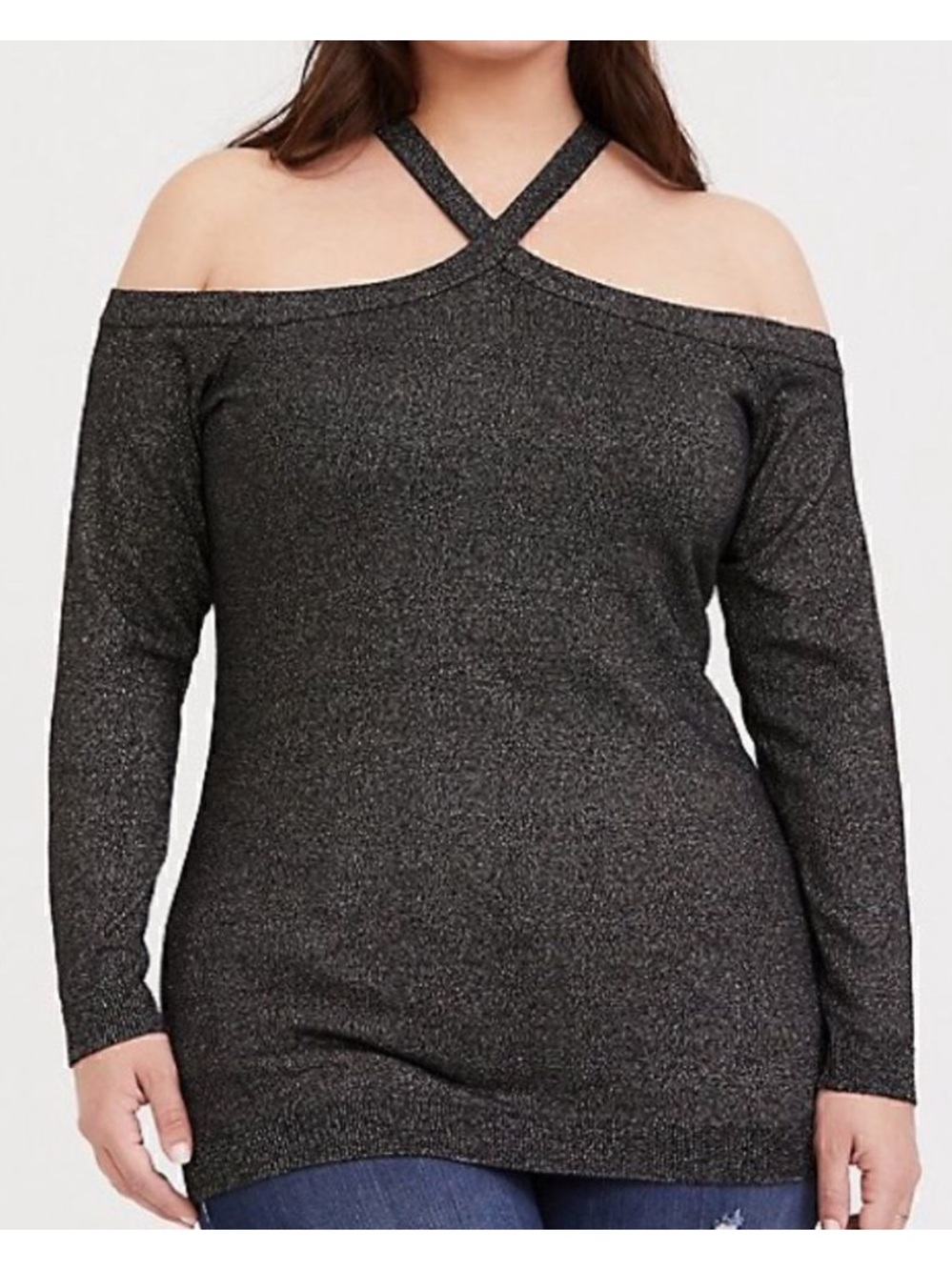 Torrid Black/Grey Cross Neck Cold Shoulder Sweater Pull Over Sparkly Gold 2X